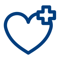 A blue icon of a heart with a plus sign to signify health