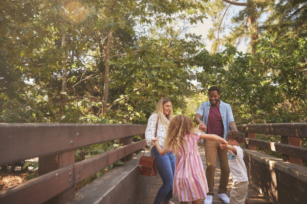 family walking on a bridge