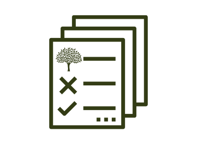 Icon of papers stacked and the top sheet has lines, a tree, an X and a checkmark