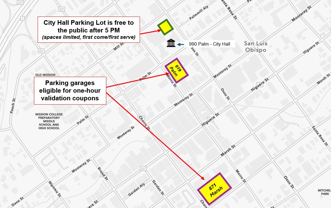 Map with highlighted squares showing the parking garages that are eligible for the free one hour parking validation program including 919 Palm and 871 Marsh. The City hall parking lot is also highlighted as available to the public after 5pm