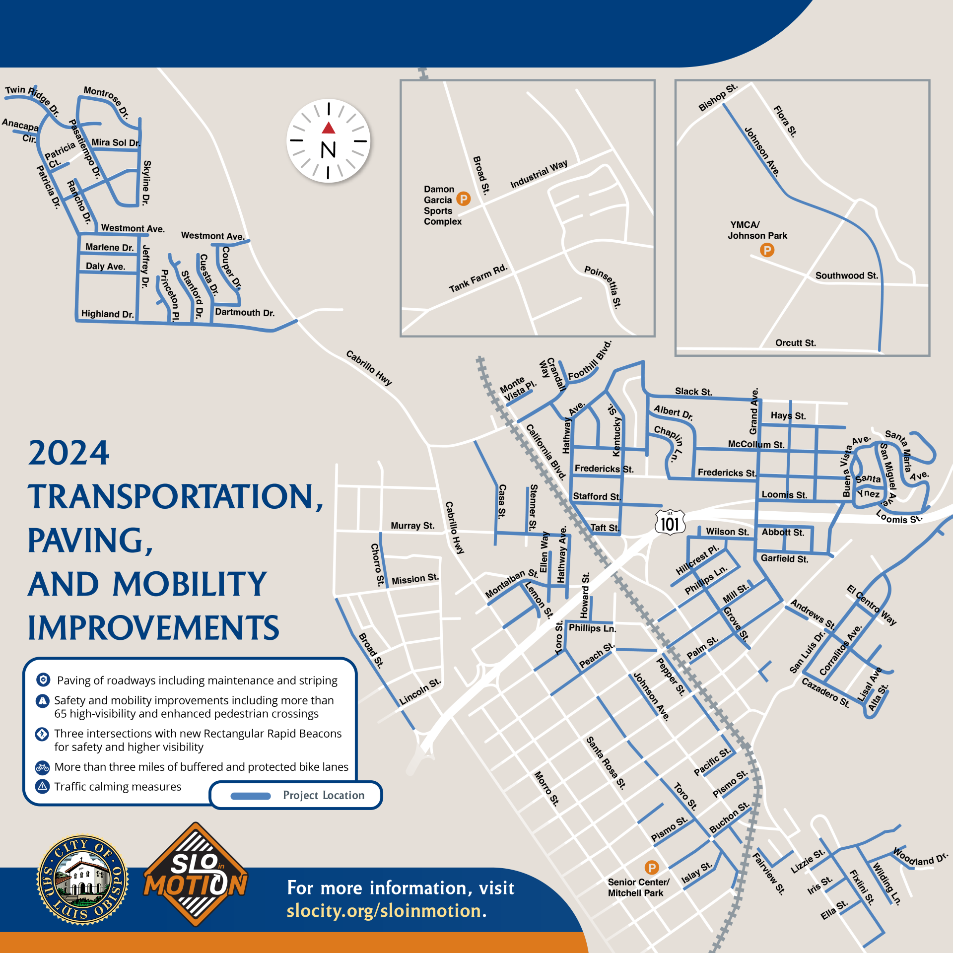 A map graphic of the 2024 Transportation, Paving, and Mobility Improvements