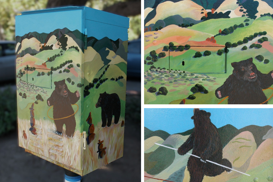 SLO Public Art Box painting by Carol Paulsen called Bear Liberation Party