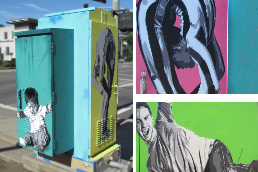 SLO Public Art Box painting by STENZSKULL called Everyone Trying to Fit In