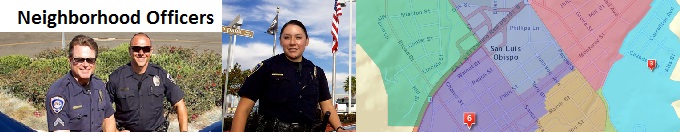 a collage of fire responders with text reading "Neighborhood Officers" and a color-coded map of San Luis Obispo