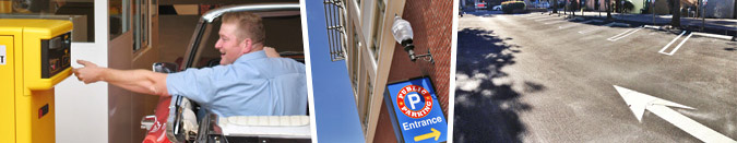 image of man using parking meters at the structures, parking sign entrance, and parking lot 