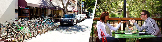 bikes being parked in downtown and second image of couple having lunch